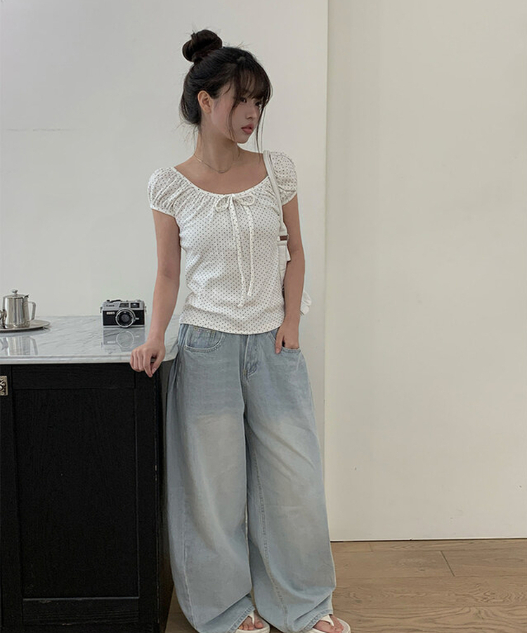 リボンドットパフ半袖ブラウス IVORY