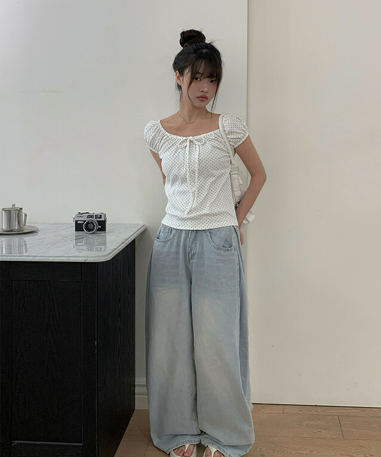 リボンドットパフ半袖ブラウス IVORY