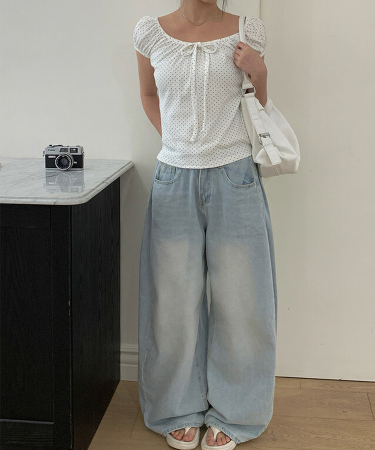 リボンドットパフ半袖ブラウス IVORY