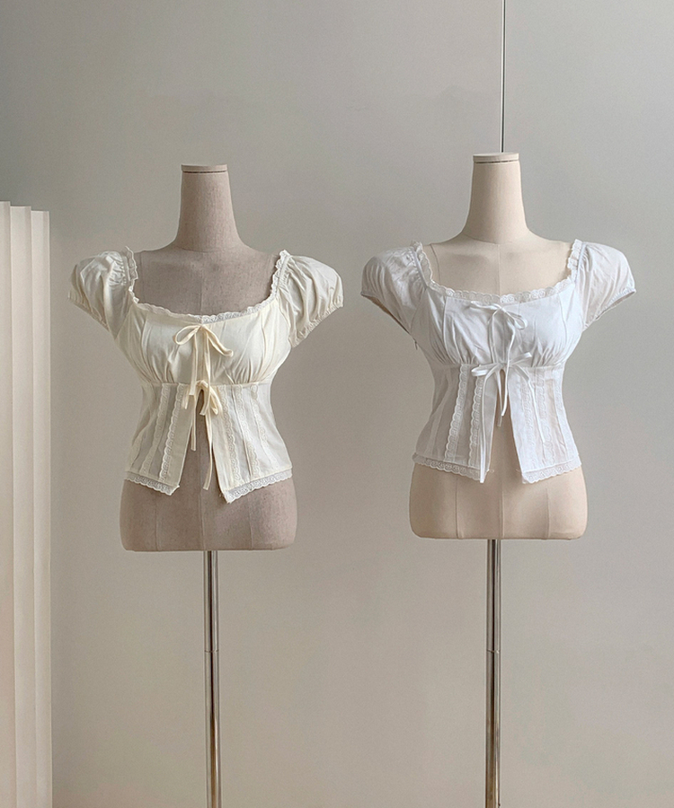 【2way】スクエアネックリボンレースブラウス