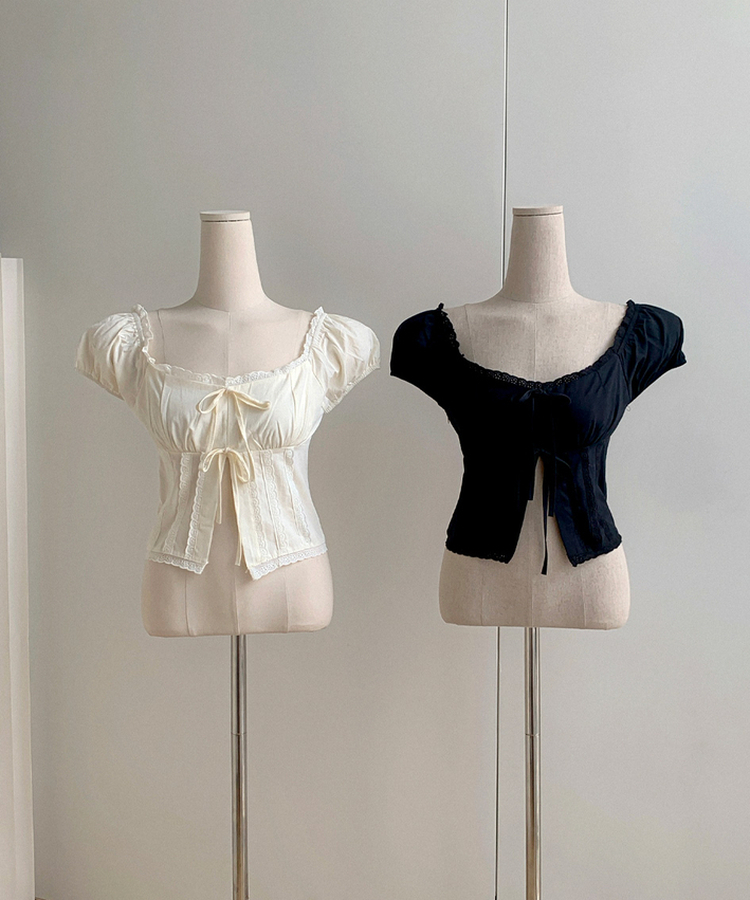 【2way】スクエアネックリボンレースブラウス