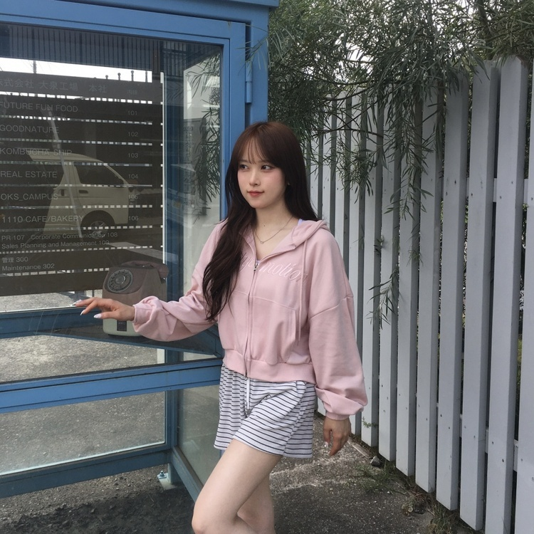 カジュアルフードジップアップパーカー PINK