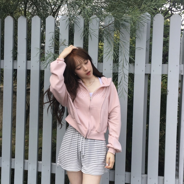 カジュアルフードジップアップパーカー PINK