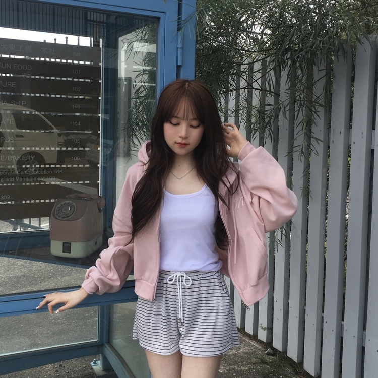 カジュアルフードジップアップパーカー PINK