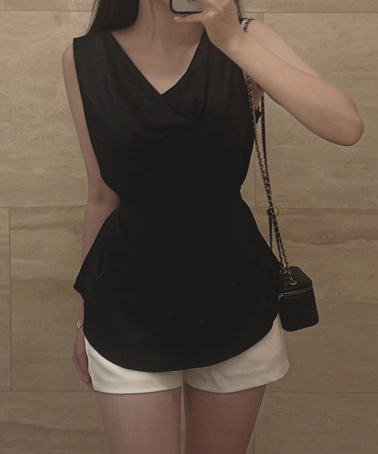 フェミニンシャーリングノースリーブブラウス BLACK