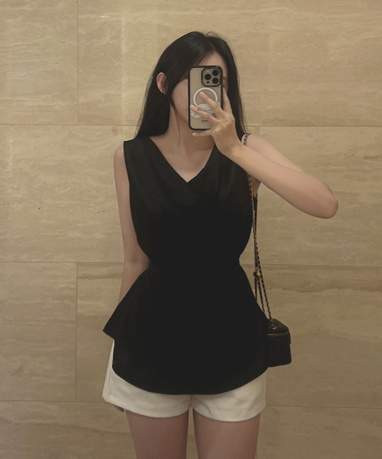 フェミニンシャーリングノースリーブブラウス BLACK