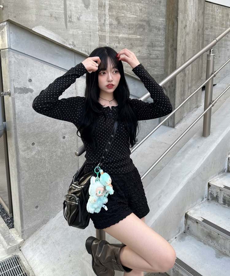 ドットヘンリーネックトップス｜長袖Tシャツ｜韓国ファッション