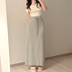 シンプルリボンフレアロングスカート GREY