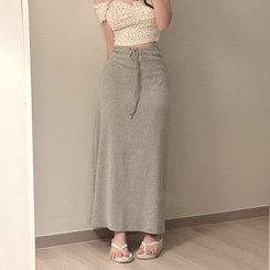 シンプルリボンフレアロングスカート GREY