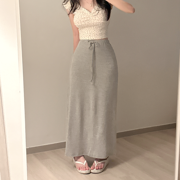 シンプルリボンフレアロングスカート GREY