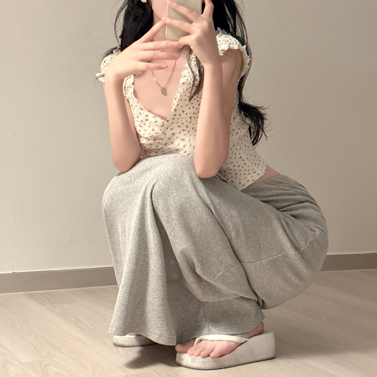 シンプルリボンフレアロングスカート GREY