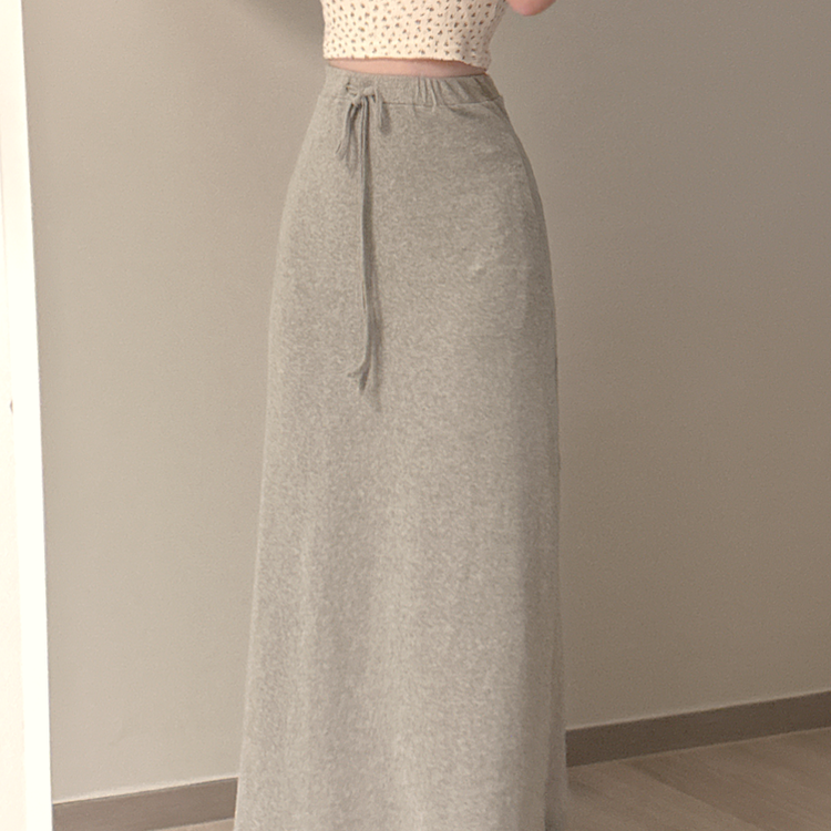 シンプルリボンフレアロングスカート GREY