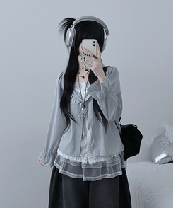 헤로스트라이프리본프릴레이어드긴팔블라우스세트 그레이