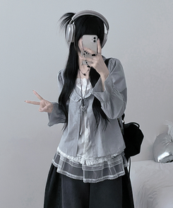 헤로스트라이프리본프릴레이어드긴팔블라우스세트 그레이