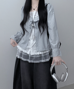 헤로스트라이프리본프릴레이어드긴팔블라우스세트 그레이