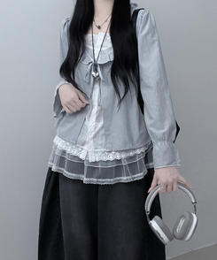 헤로스트라이프리본프릴레이어드긴팔블라우스세트 그레이