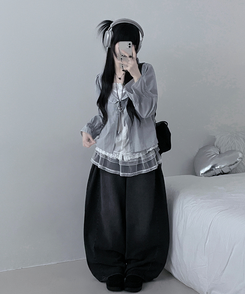 헤로스트라이프리본프릴레이어드긴팔블라우스세트 그레이