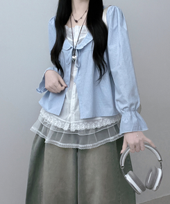 헤로스트라이프리본프릴레이어드긴팔블라우스세트 블루