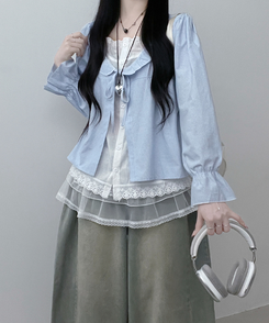 헤로스트라이프리본프릴레이어드긴팔블라우스세트 블루