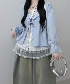 헤로스트라이프리본프릴레이어드긴팔블라우스세트 블루