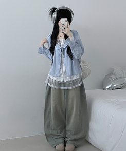 헤로스트라이프리본프릴레이어드긴팔블라우스세트 블루