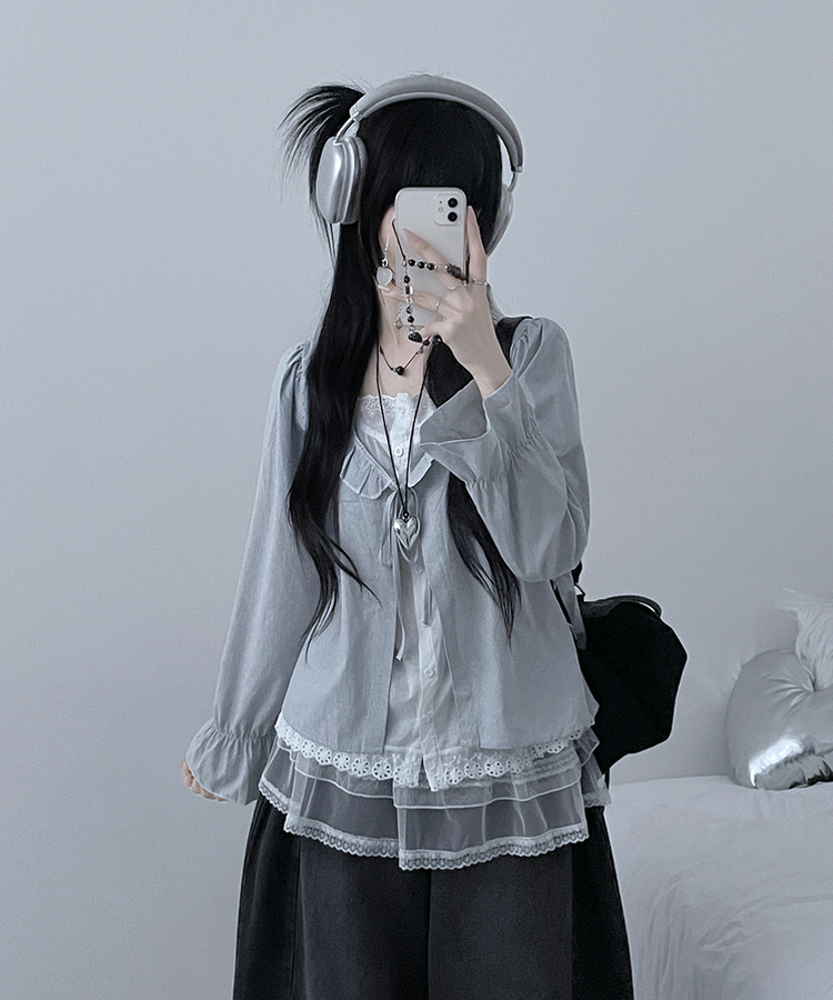 헤로스트라이프리본프릴레이어드긴팔블라우스세트 그레이