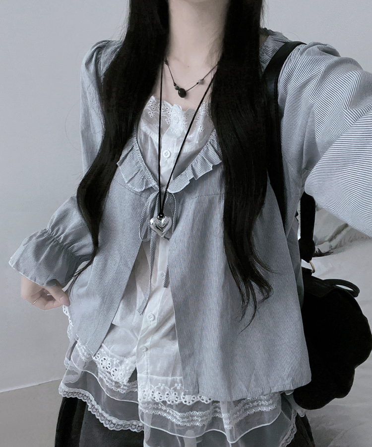 헤로스트라이프리본프릴레이어드긴팔블라우스세트 그레이