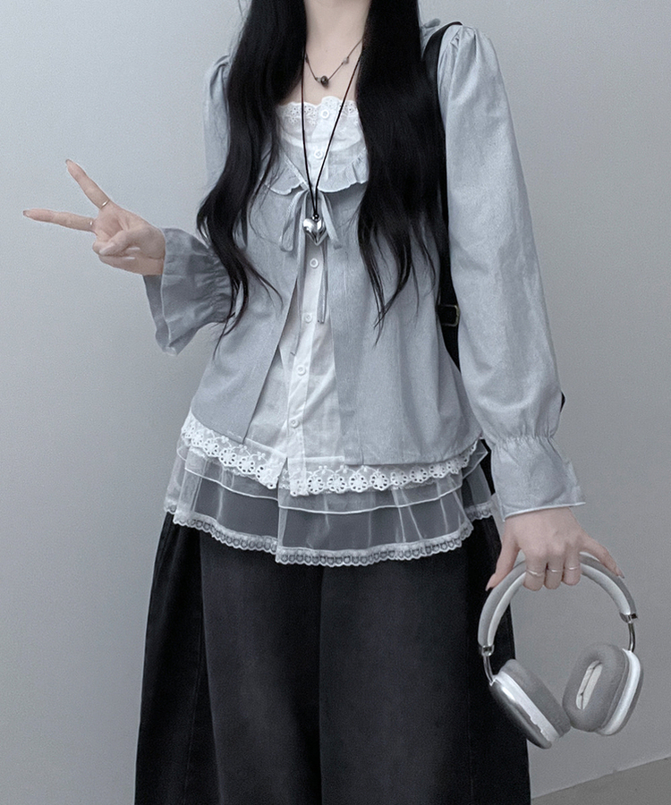 헤로스트라이프리본프릴레이어드긴팔블라우스세트 그레이