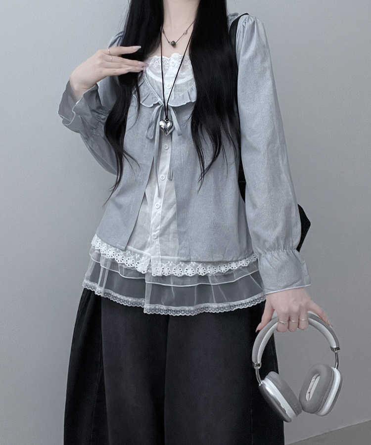 헤로스트라이프리본프릴레이어드긴팔블라우스세트 그레이