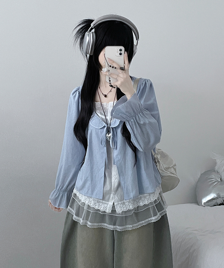 헤로스트라이프리본프릴레이어드긴팔블라우스세트 블루