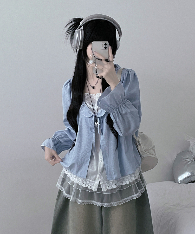 헤로스트라이프리본프릴레이어드긴팔블라우스세트 블루