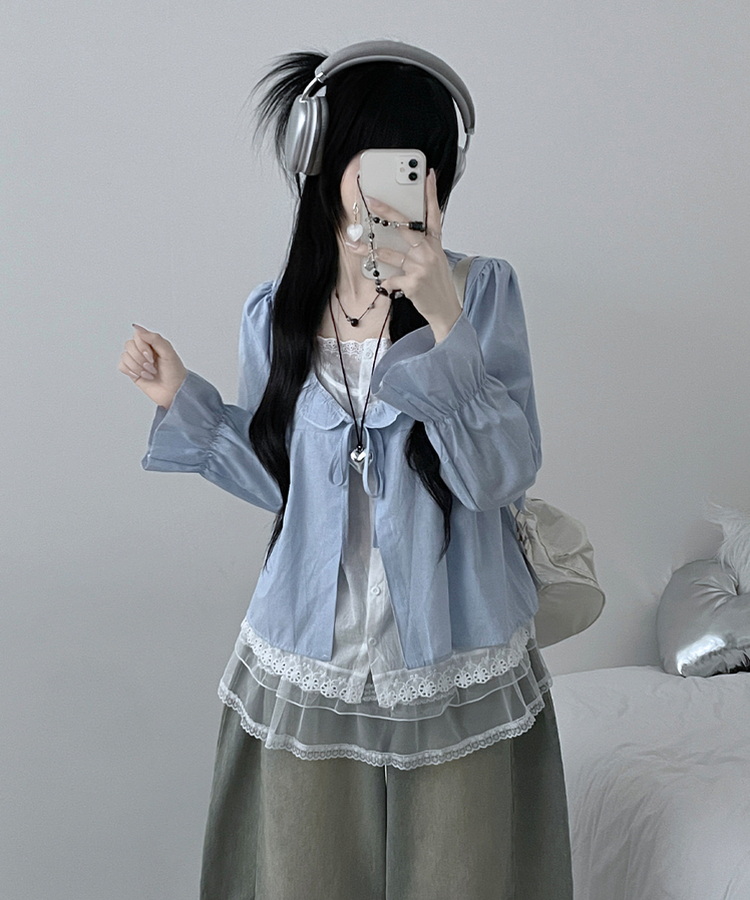 헤로스트라이프리본프릴레이어드긴팔블라우스세트 블루