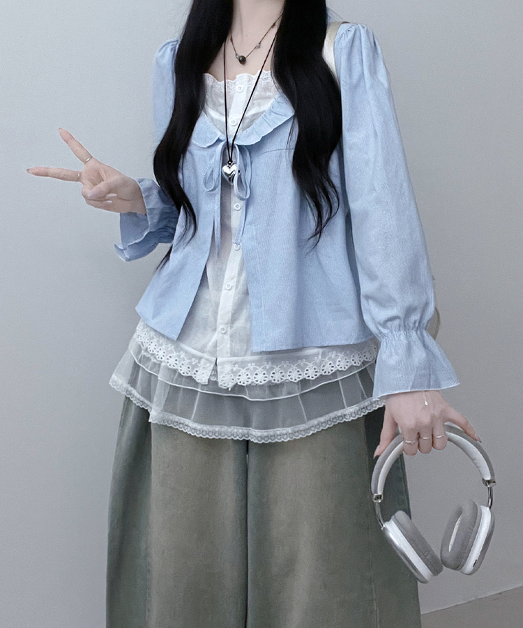 헤로스트라이프리본프릴레이어드긴팔블라우스세트 블루