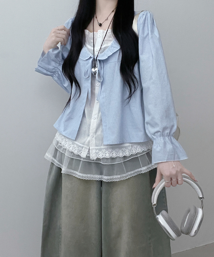 헤로스트라이프리본프릴레이어드긴팔블라우스세트 블루