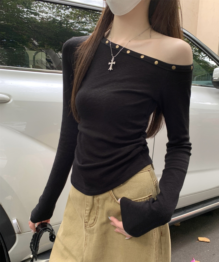 ボタンオフショルダー長袖Ｔシャツ BLACK