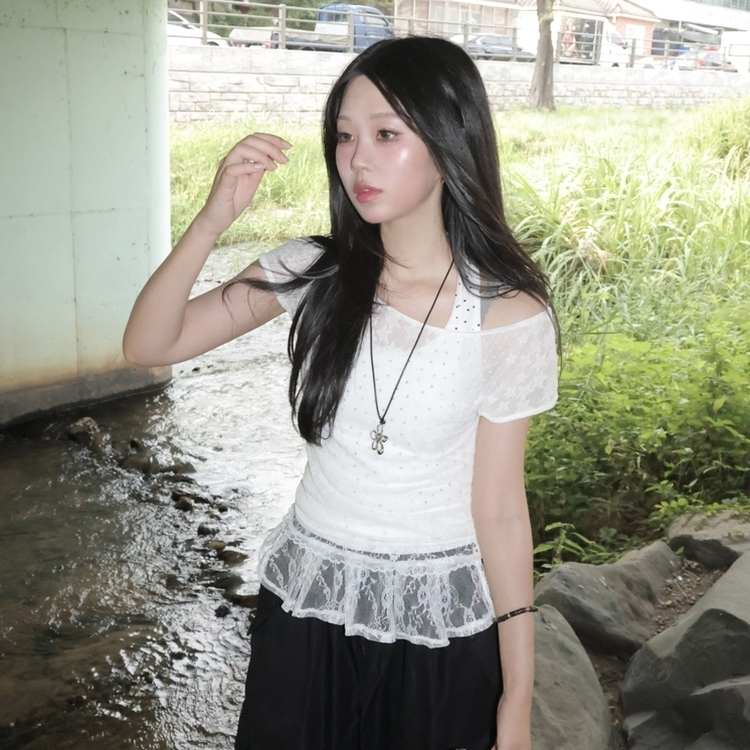 레이스 프릴 렙 레이어드 스커트 아이보리