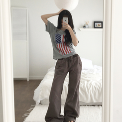 네리스 빈티지 배색 밴딩 백포켓 로우 세미 부츠컷 팬츠 차콜