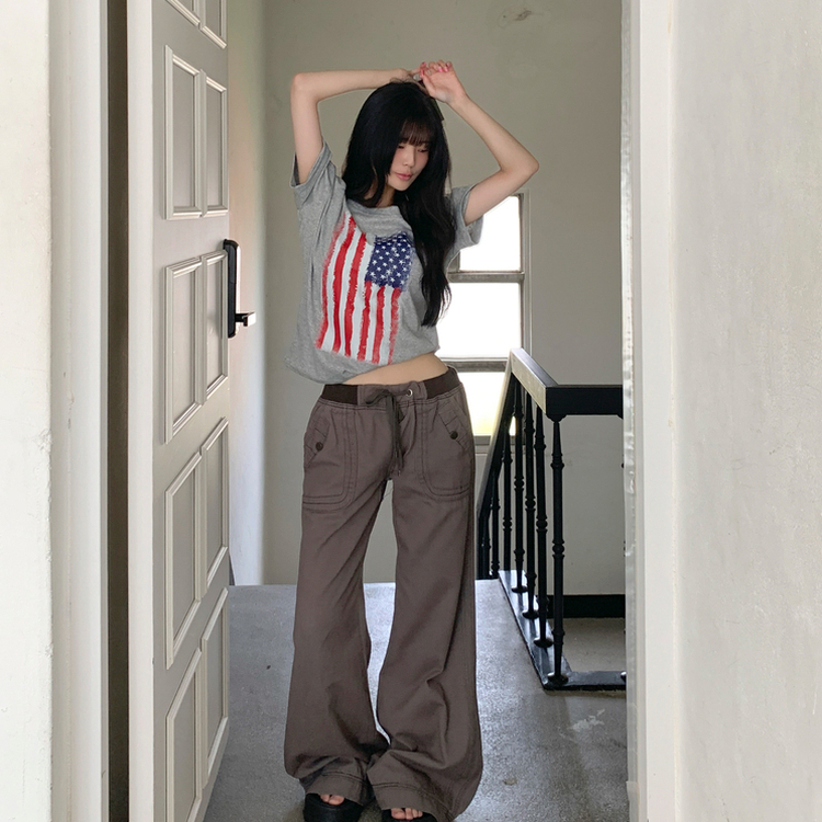 네리스 빈티지 배색 밴딩 백포켓 로우 세미 부츠컷 팬츠 차콜