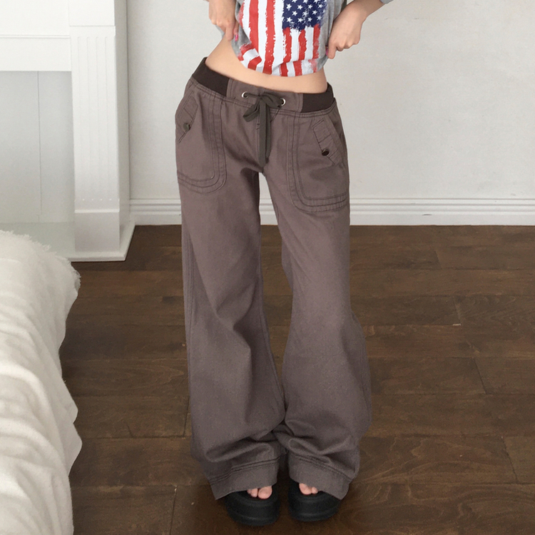 네리스 빈티지 배색 밴딩 백포켓 로우 세미 부츠컷 팬츠 차콜