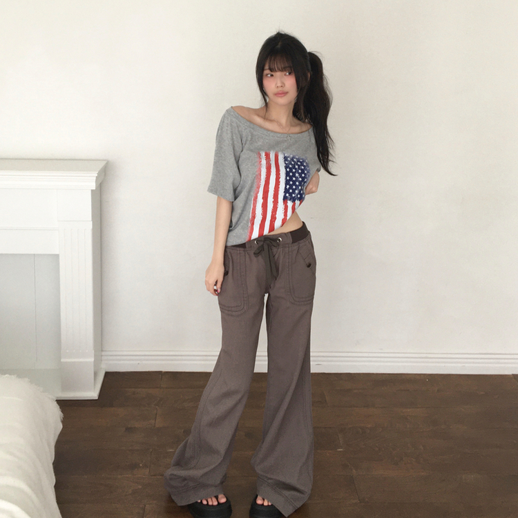 네리스 빈티지 배색 밴딩 백포켓 로우 세미 부츠컷 팬츠 차콜