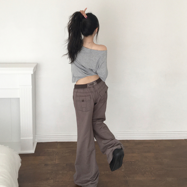 네리스 빈티지 배색 밴딩 백포켓 로우 세미 부츠컷 팬츠 차콜