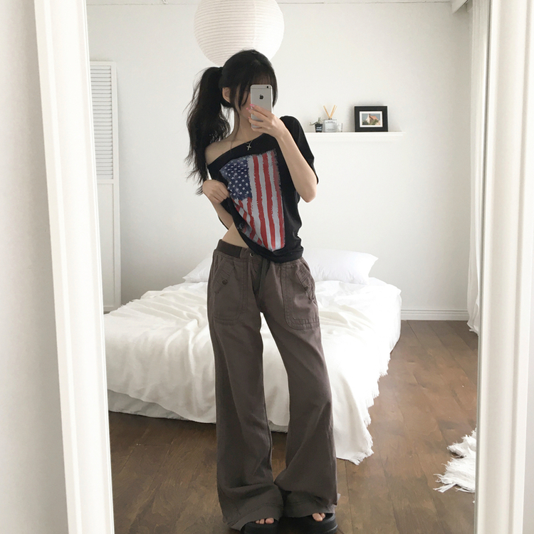 네리스 빈티지 배색 밴딩 백포켓 로우 세미 부츠컷 팬츠 차콜