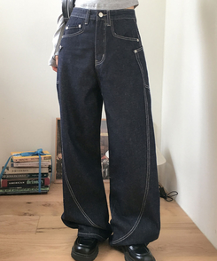 【丈別】スリットワイドデニムパンツ DEEP BLUE