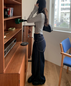 【丈別】スリットワイドデニムパンツ DEEP BLUE