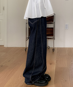 【丈別】スリットワイドデニムパンツ DEEP BLUE