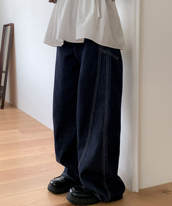 【丈別】スリットワイドデニムパンツ DEEP BLUE