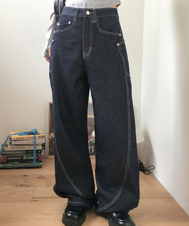 【丈別】スリットワイドデニムパンツ DEEP BLUE