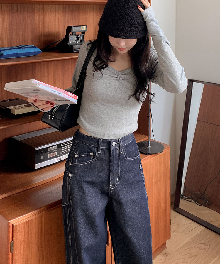 【丈別】スリットワイドデニムパンツ DEEP BLUE