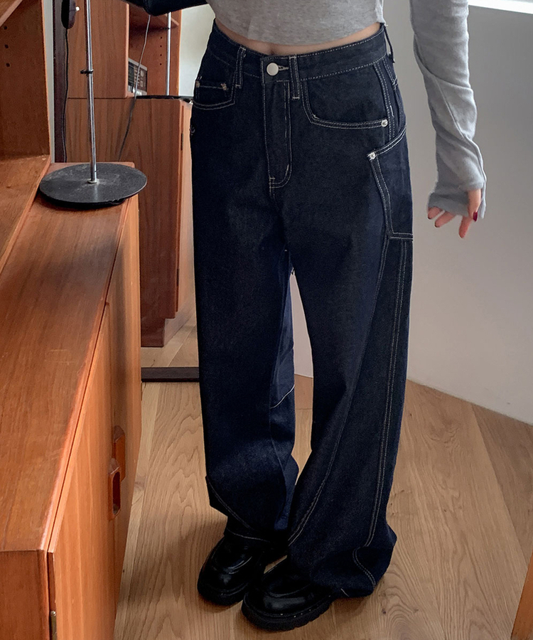 【丈別】スリットワイドデニムパンツ DEEP BLUE