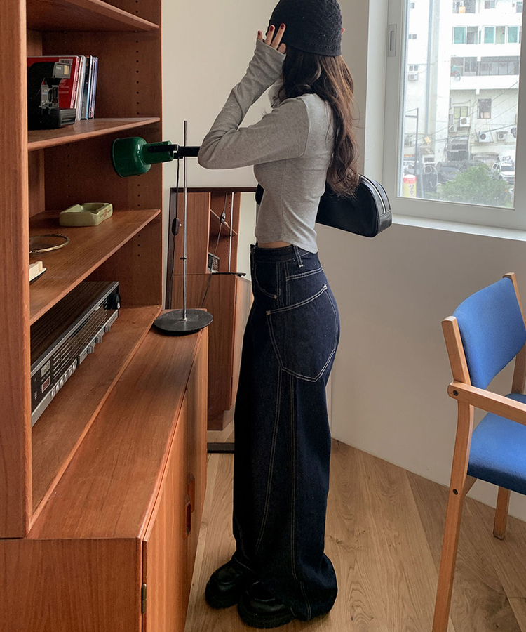 【丈別】スリットワイドデニムパンツ DEEP BLUE